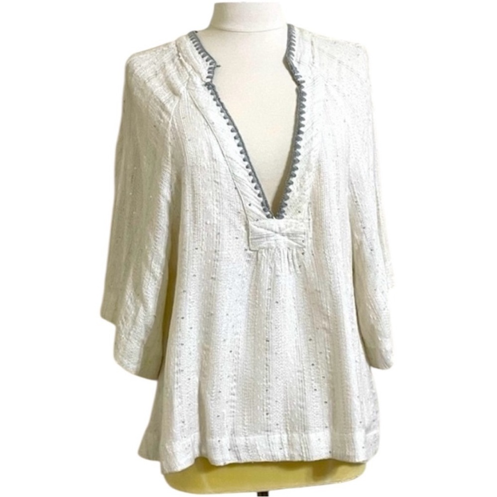 FREE PEOPLE Get Over It White Popover Gray Trim Metallic Boho Top Size Small